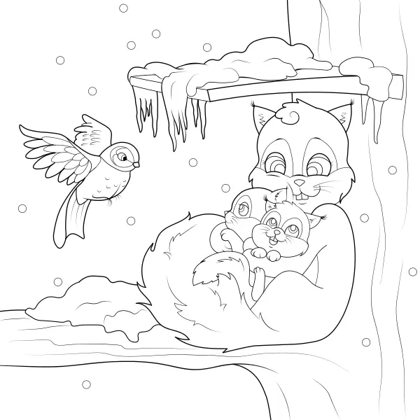 Une famille d’écureuils en hiver | Coloriages en ligne pour enfants