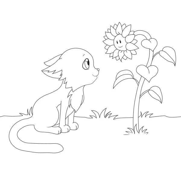 Le chat et le tournesol | Coloriages en ligne pour enfants