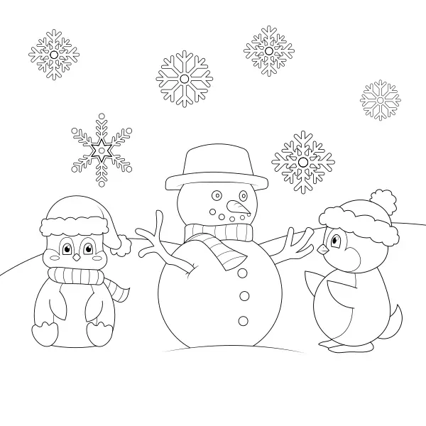 Des manchots avec un bonhomme de neige | Coloriages en ligne pour enfants