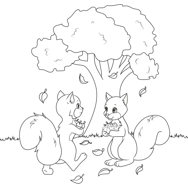 Des écureuils avec des noisettes | Coloriages en ligne pour enfants