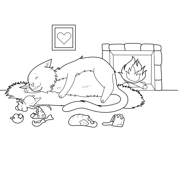 Un chat près de la cheminée | Coloriages en ligne pour enfants