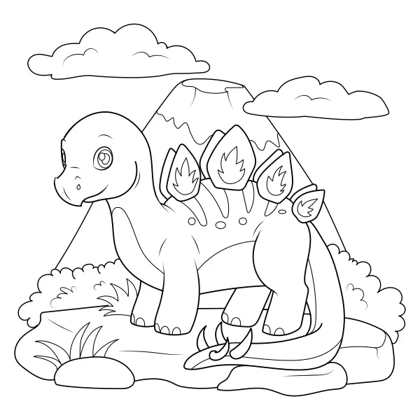 Dinosaure – Stégosaure au pied d’un volcan | Coloriages en ligne pour enfants