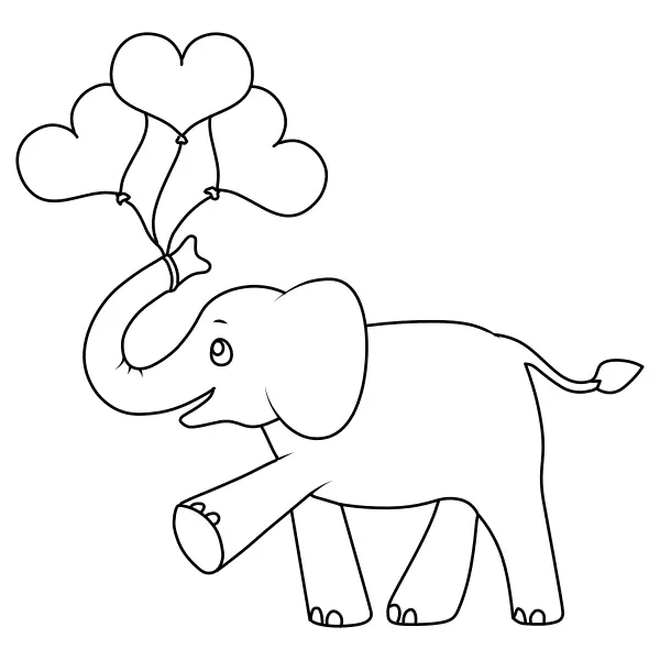 Un petit éléphant avec des ballons en forme de cœur | Coloriages en ligne pour enfants