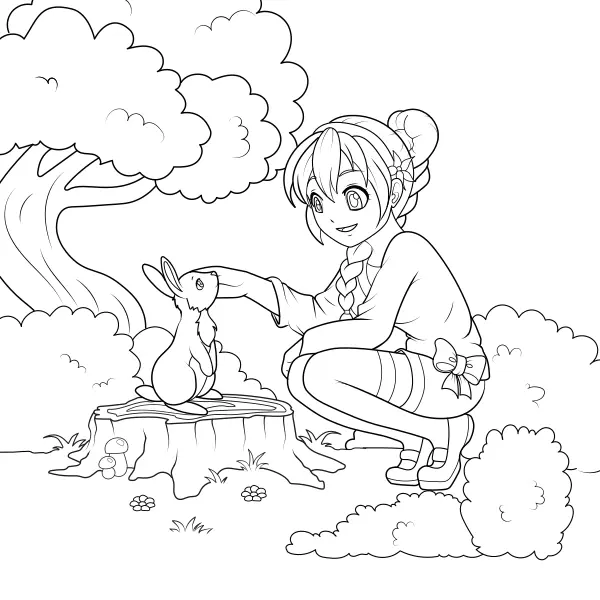 Une petite fille avec un lapin | Coloriages en ligne pour enfants