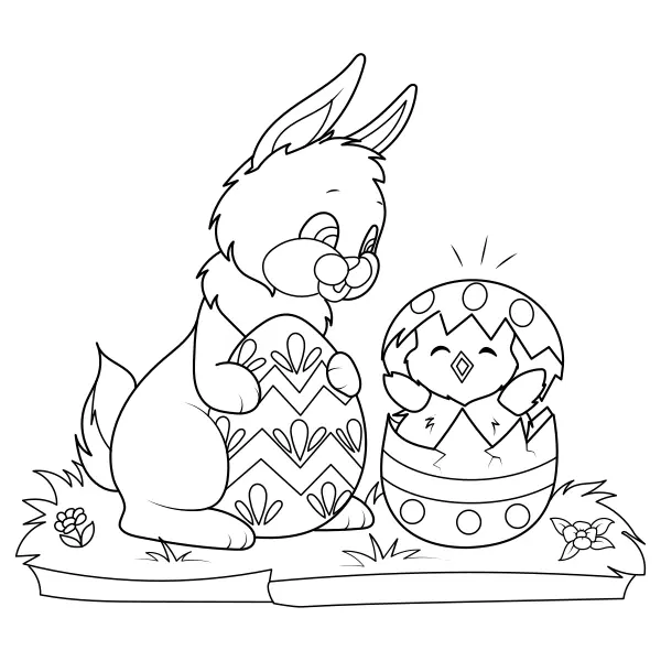 Le lapin de Pâques et le poussin | Coloriages en ligne pour enfants