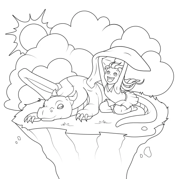 Une petite fille qui joue avec un dragon | Coloriages en ligne pour enfants