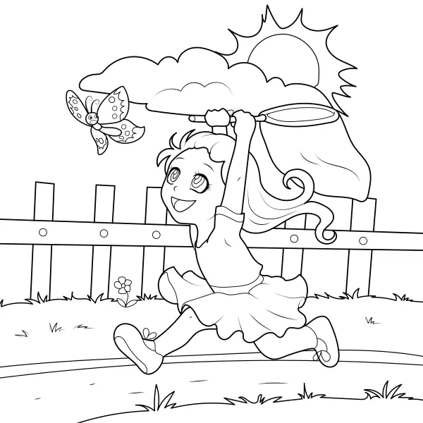 Une fillette attrape un papillon | Coloriages en ligne pour enfants