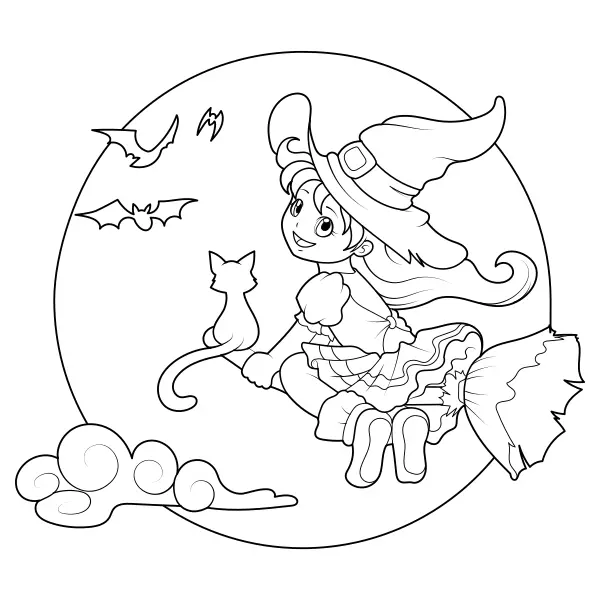 Une sorcière sur son balai | Coloriages en ligne pour enfants