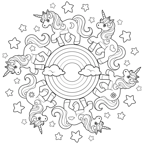 Mandala avec des licornes | Coloriages en ligne pour enfants