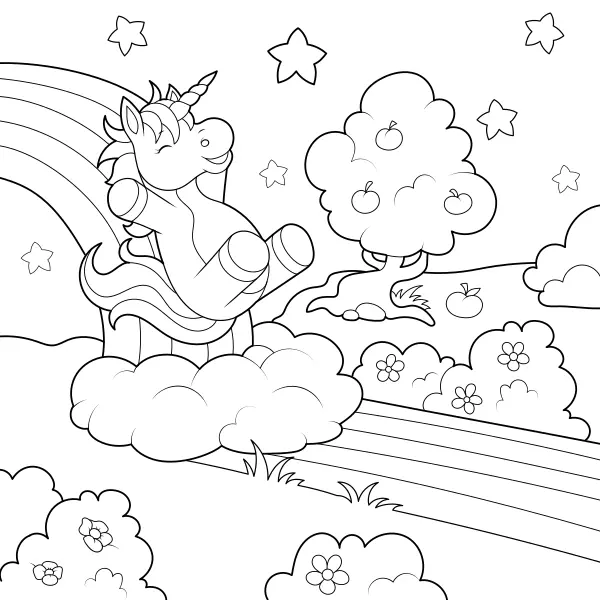 Une licorne glissant sur l’arc-en-ciel | Coloriages en ligne pour enfants