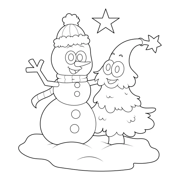 Un bonhomme de neige et un sapin de Noël | Coloriages en ligne pour enfants