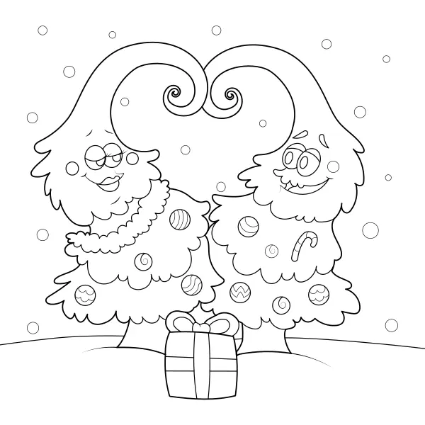 Des sapins de Noël amoureux | Coloriages en ligne pour enfants