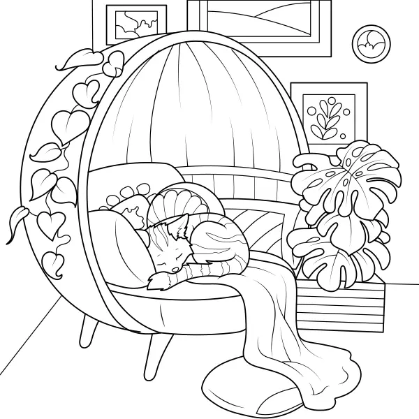 Un chat dans une chambre douillette | Coloriages en ligne pour enfants