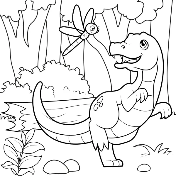 Un dinosaure poursuit une libellule | Coloriages en ligne pour enfants