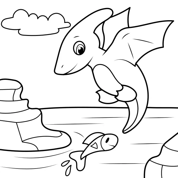 Un dinosaure attrape un poisson | Coloriages en ligne pour enfants