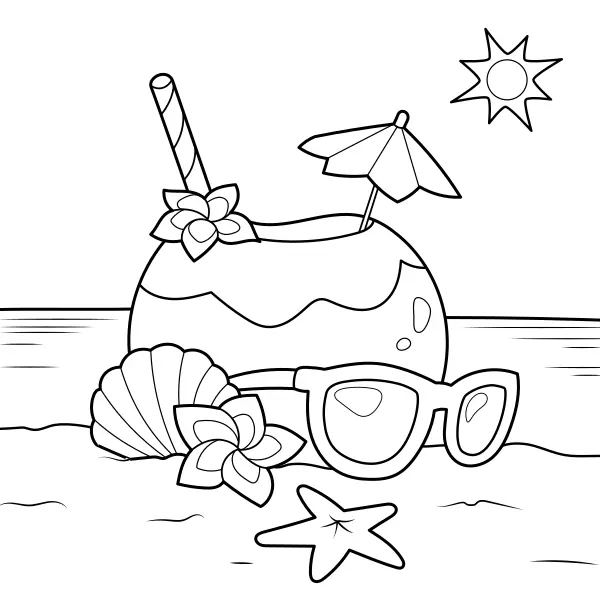 Une boisson à la noix de coco sur la plage | Coloriages en ligne pour enfants