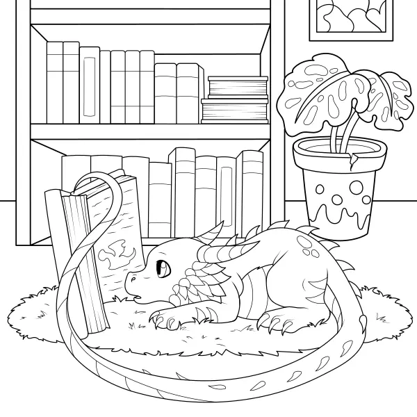 Le dragon lit des livres | Coloriages en ligne pour enfants