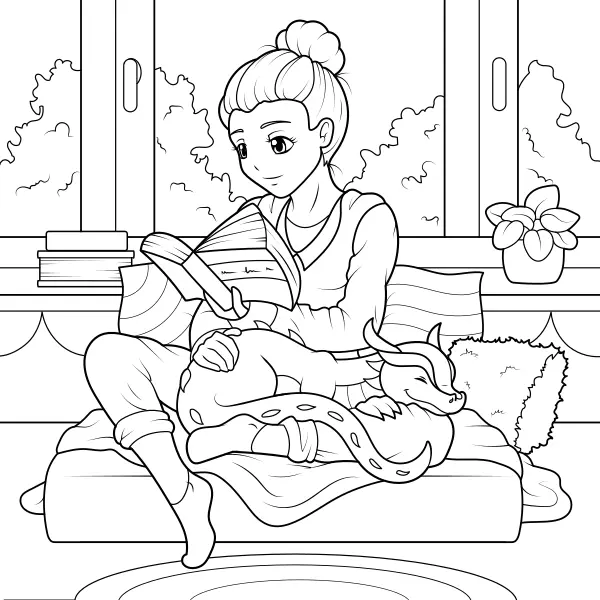 Une fillette lit en compagnie d’un dragon | Coloriages en ligne pour enfants