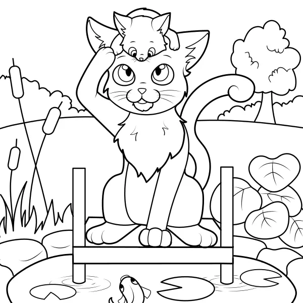 Les chats regardent le poisson | Coloriages en ligne pour enfants