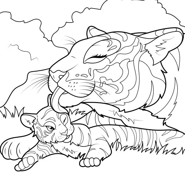 Le tigre nettoie son petit | Coloriages en ligne pour enfants