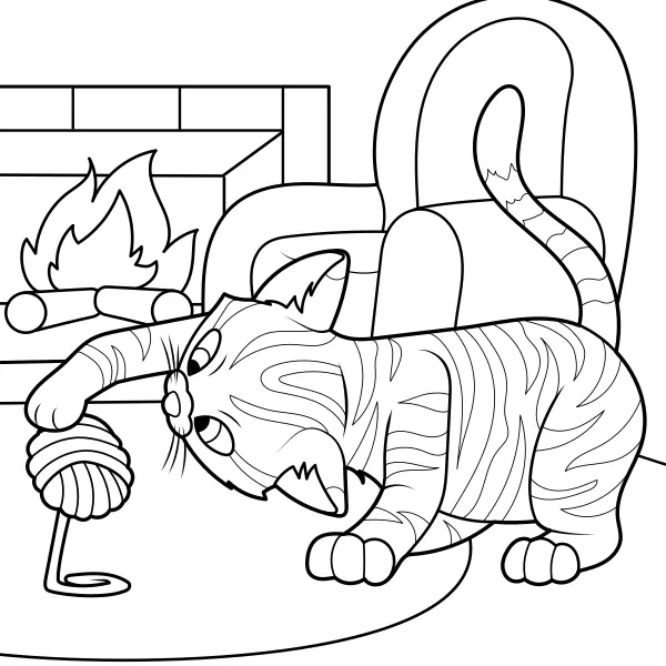 Le chat joue avec une pelote de laine | Coloriages en ligne pour enfants