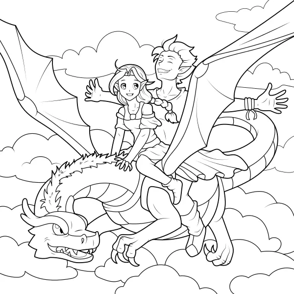 Les elfes volent sur un dragon | Coloriages en ligne pour enfants