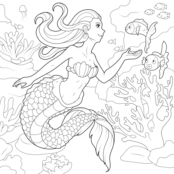 Une sirène avec des poissons | Coloriages en ligne pour enfants