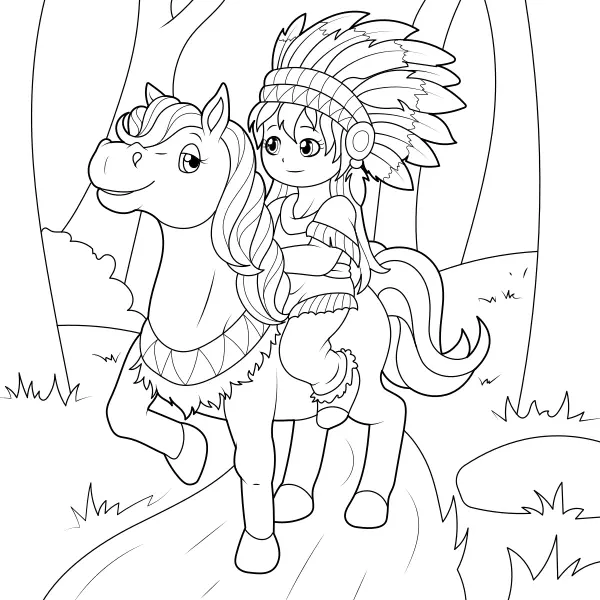 Une Indienne à cheval | Coloriages en ligne pour enfants