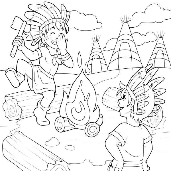 Des Indiens autour d’un feu | Coloriages en ligne pour enfants