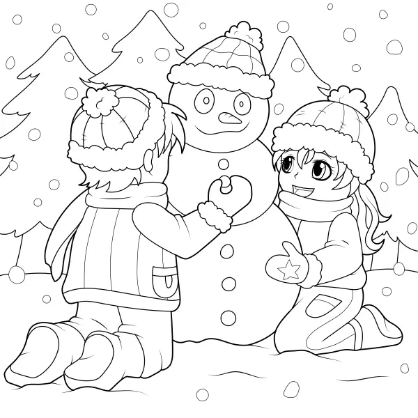 Les enfants font un bonhomme de neige | Coloriages en ligne pour enfants
