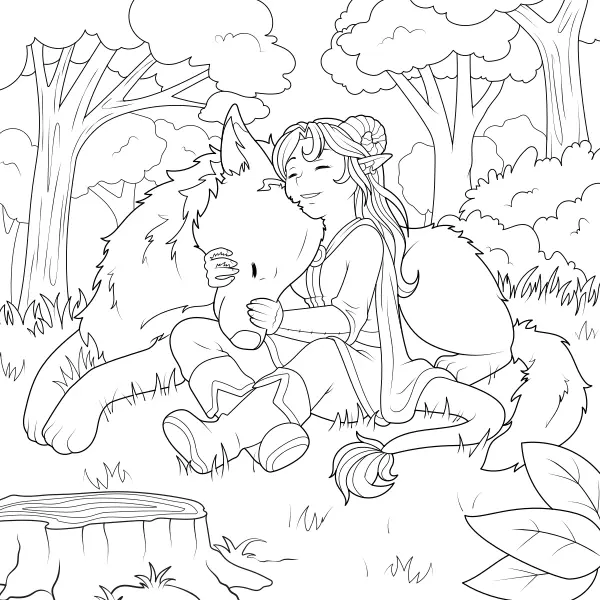 Une jeune fille fantastique avec un loup | Coloriages en ligne pour enfants