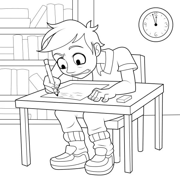 Un garçon passe un contrôle écrit | Coloriages en ligne pour enfants
