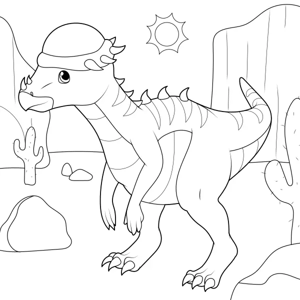 Un pachycéphalosaure dans le désert | Coloriages en ligne pour enfants