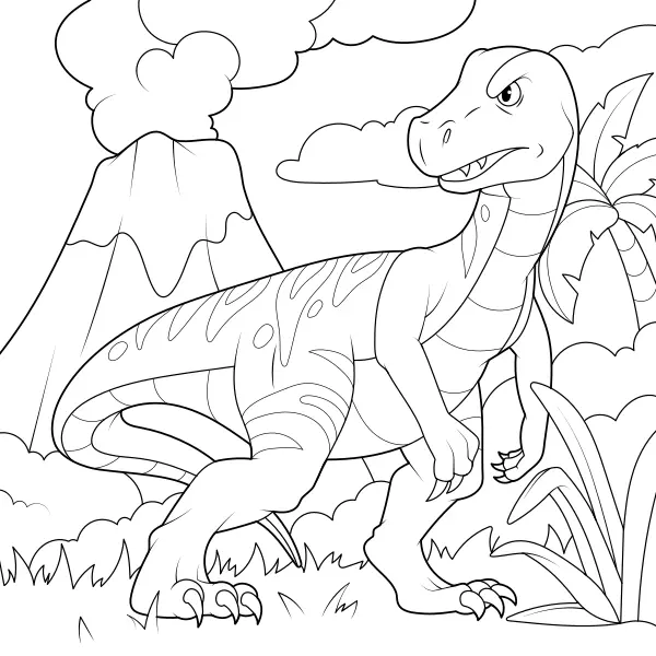 Un T-rex au pied d’un volcan | Coloriages en ligne pour enfants