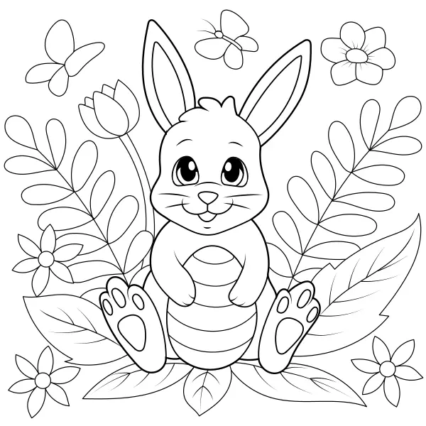 Le lapin de Pâques, les œufs et les fleurs | Coloriages en ligne pour enfants
