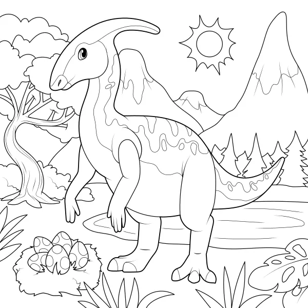 Un Parasaurolophus avec son nid | Coloriages en ligne pour enfants