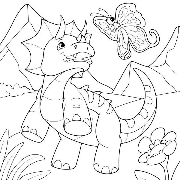 Le tricératops et le papillon | Coloriages en ligne pour enfants