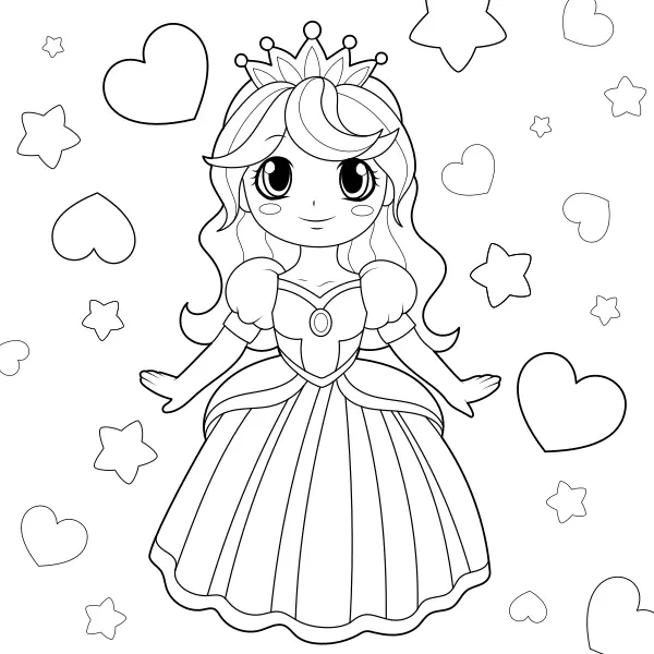 La princesse, les cœurs et les étoiles | Coloriages en ligne pour enfants
