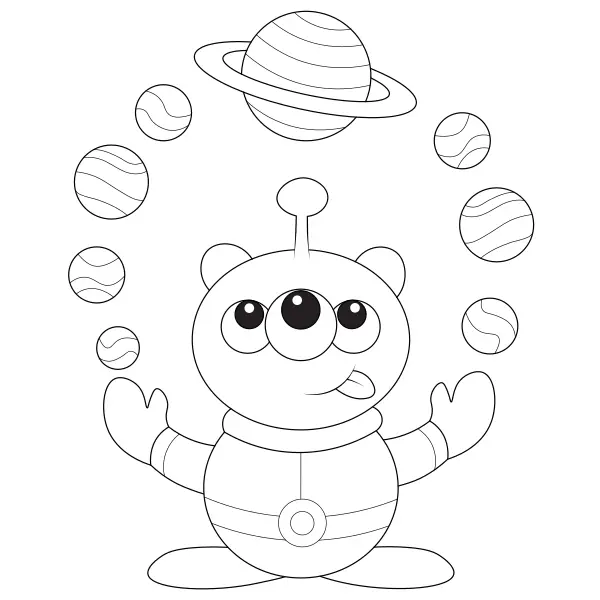 Un extraterrestre jongle avec les planètes | Coloriages en ligne pour enfants