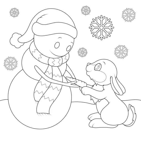 Un lapin avec un bonhomme de neige | Coloriages en ligne pour enfants
