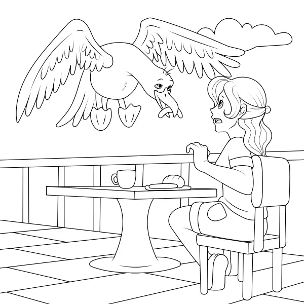 Une mouette vole de la nourriture | Coloriages en ligne pour enfants