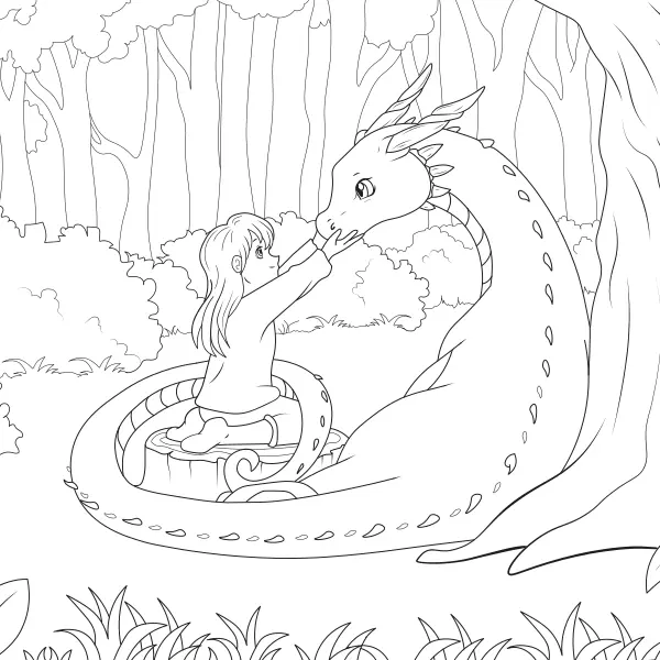 La jeune fille et le dragon | Coloriages en ligne pour enfants