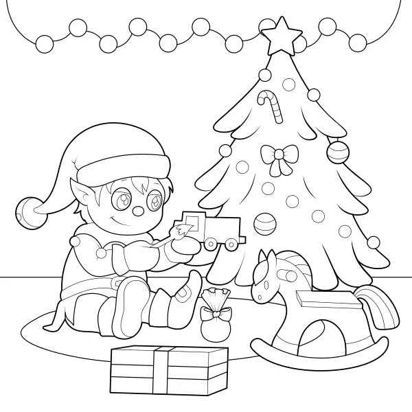 Le lutin de Noël fabrique des cadeaux | Coloriages en ligne pour enfants
