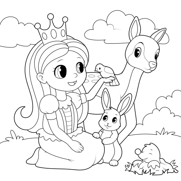 La princesse et les animaux | Coloriages en ligne pour enfants