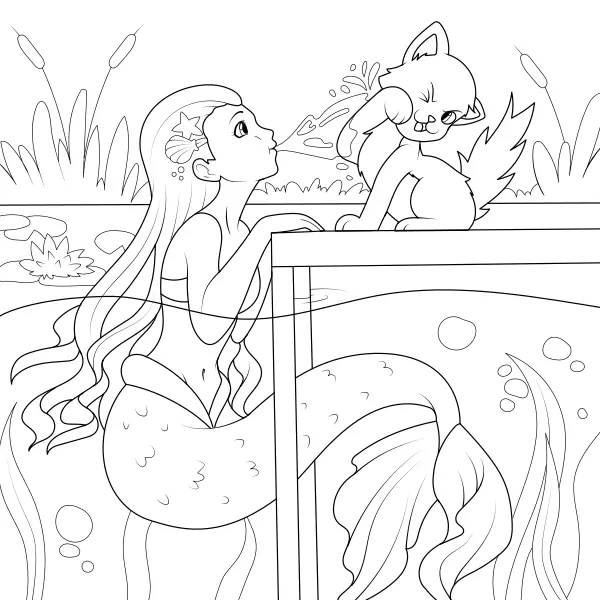 La sirène et le chat | Coloriages en ligne pour enfants
