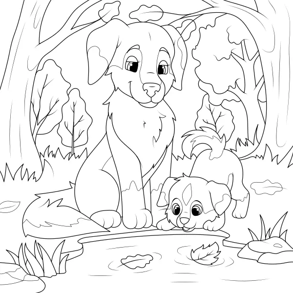 Des chiens au bord du lac | Coloriages en ligne pour enfants